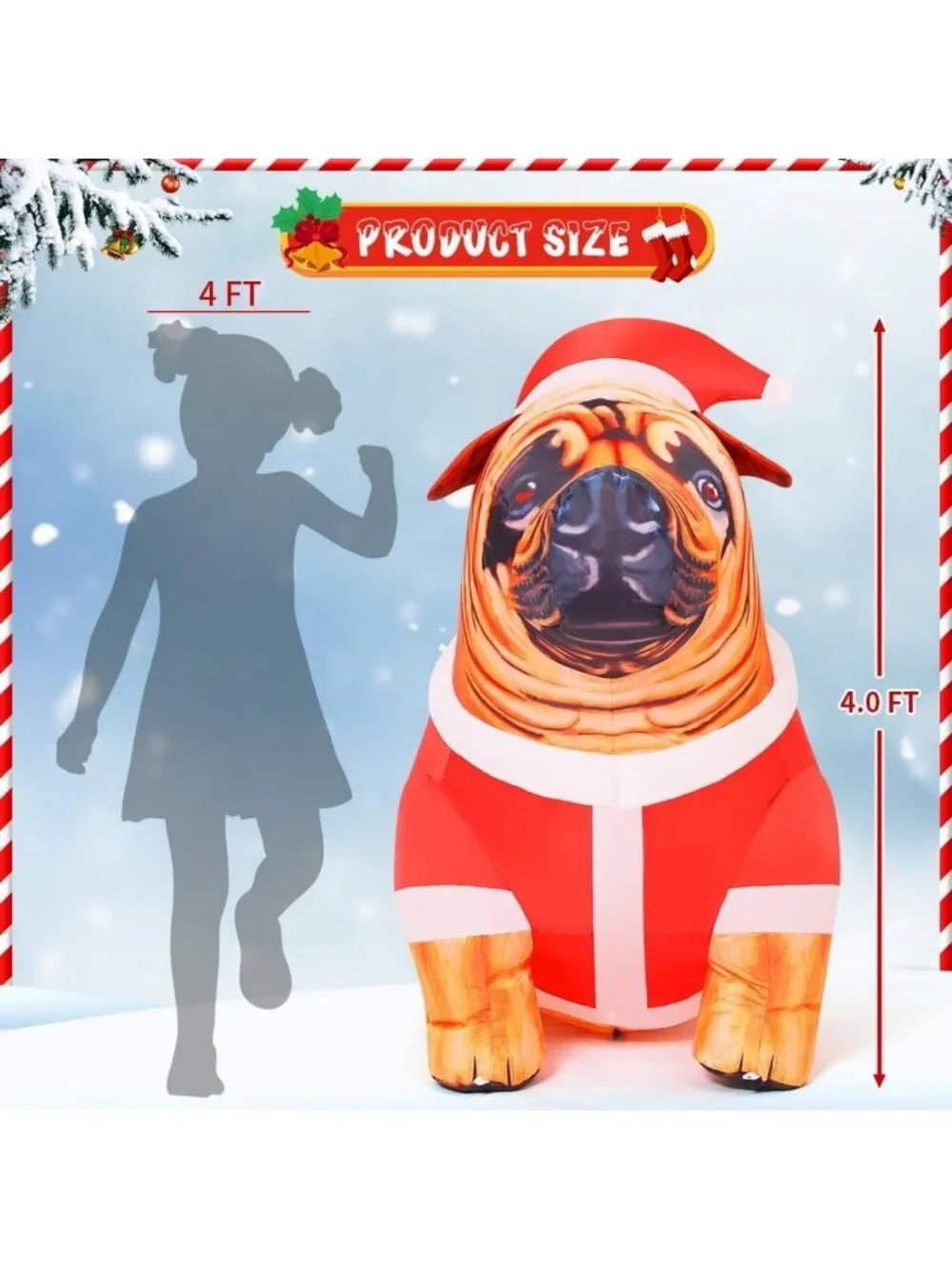 4FT Tall Christmas Bulldog Inflatable with LED Lights - Outdoor Holiday Yard